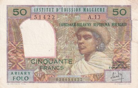 Madagascar 50 Francs - Femme à chapeau - ND (1969) - Série P.9 - P.61