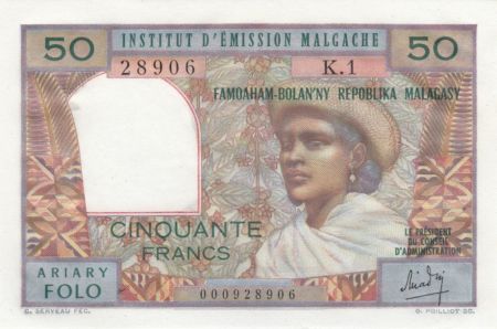 Madagascar 50 Francs Femme à chapeau - 1969 -  Série K 1 - Neuf