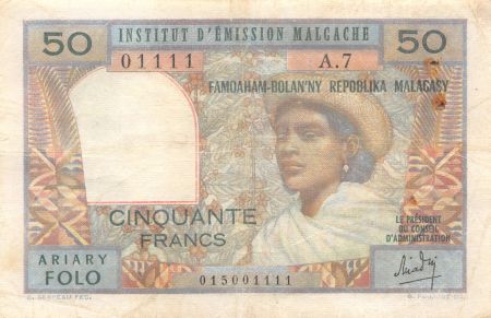 Madagascar 50 Francs Femme à chapeau - 1969 - Série A.7 - TB+
