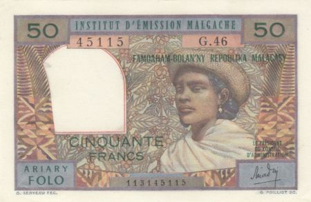 Madagascar 50 Francs Femme à chapeau - 1969 - Série G.46 - SPL