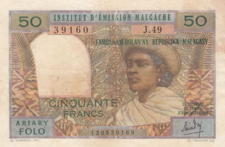 Madagascar 50 Francs Femme à chapeau - 1969 - Série J.49 - TB - P.61