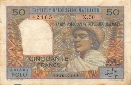Madagascar 50 Francs Femme à chapeau - 1969 - Série X.50 - TB+