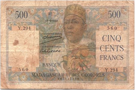 Madagascar 500 Francs Homme et fruits - 1951