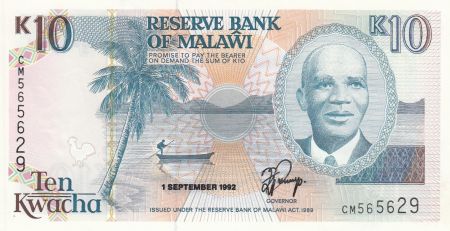 Malawi 10 Kwacha 1992 - Dr Hastings Kamuzu Banda, Lac, Bâtiment