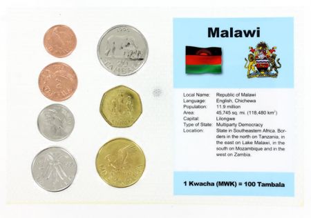 Malawi Blister 7 monnaies MALAWI (1 tambala à 1 kwacha)