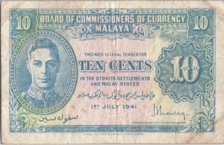 Malaya 10 Cents George VI - Uniface - 1941