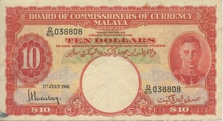 Malaya 10 Dollars George VI