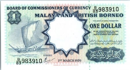 Malaya et Bornéo 1 Dollar  Voilier - Pêcheurs - 1959