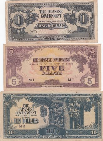 Malaya Série 3 billets - Occupation Japonaise 1942-1945 - 1 - 5 et 10 dollars