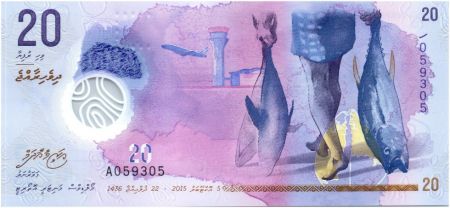 Maldives 20 Rufiyaa, Pêcheur, poissons - Dhaw - Polymer 2015 (2016)