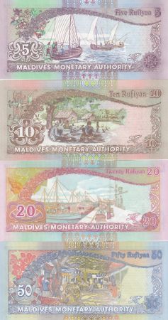 Maldives Série 4 billets  - 5, 10, 20 et 50 Rufiyaa - 1998 à 2000