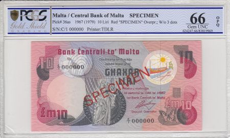 Malte 10 liri, Justice - Port de Malte - 1979 - Spécimen - PCGS 66 OPQ