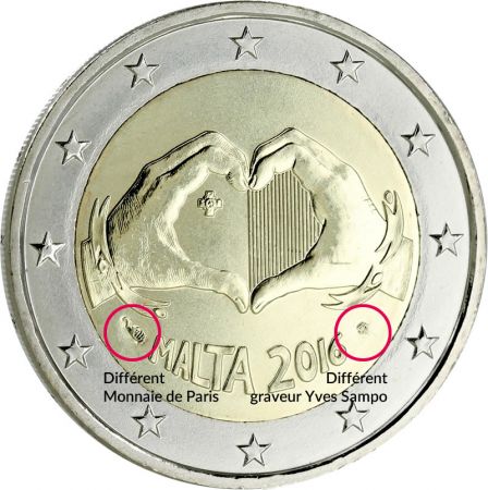 Malte 2 Euros Commémo. MALTE 2016 - Love (AVEC DIFFERENT MONNAIE DE PARIS)