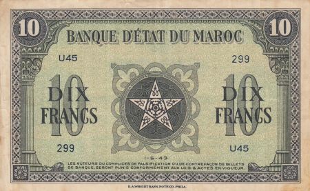 Maroc 10 Francs - 01-05-1943 - TTB - Série U.45 - P.25a