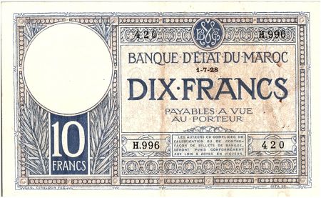 Maroc 10 Francs 01-07-1928 - TTB - Série H.996 - P.11b