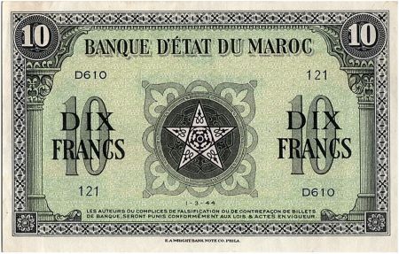 Maroc 10 Francs Vert et Noir- 1944