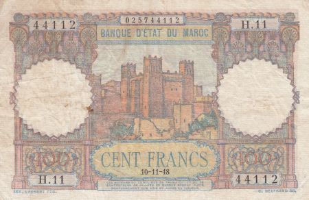 Maroc 100 Francs - Ksar d\'Aït-ben-haddou - 10-11-1948 - TTB - Série H.11 - P.45