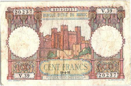 Maroc 100 Francs - Ksar d\'Aït-ben-haddou - 19-04-1951 - TTB - Série V.39 - P.45