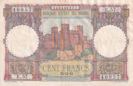 Maroc 100 Francs - Ksar d\'Aït-ben-haddou - 22-12-1952 - TTB - Série E.57 - P.45