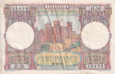 Maroc 100 Francs - Ksar d\'Aït-ben-haddou - 22-12-1952 - TTB - Série H.50 - P.45
