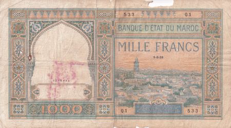 Maroc 1000 Francs - Ville et Minaret - 01-02-1921- Série Q.1 - AB - P.16a