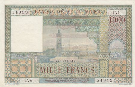 Maroc 1000 Francs La Koutoubia à Marrakech - 19-04-1951 - Série P.4 - SUP+ - P.47