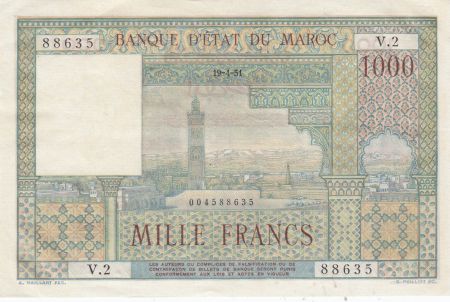 Maroc 1000 Francs La Koutoubia à Marrakech - 19-04-1951 - Série V.2- SUP+ - P.47