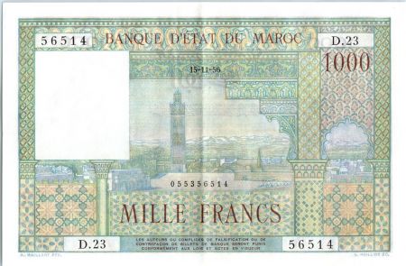 Maroc 1000 Francs La Koutoubia à Marrakech - 1956