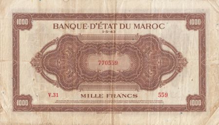 Maroc 1000 Francs Marron, Impr Américaine - 01-05-1943 - Série V.31