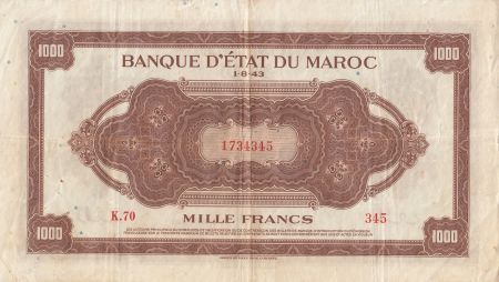 Maroc 1000 Francs Marron, Impr Américaine - 01-08-1943 - Série K.70