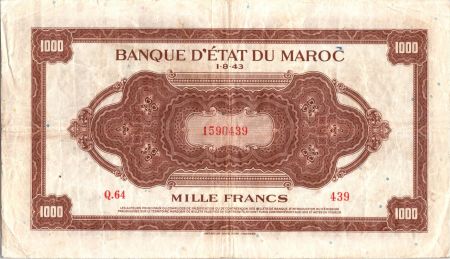 Maroc 1000 Francs Marron, Impr Américaine - 01-08-1943