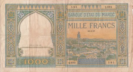 Maroc 1000 Francs Vue de la ville de Marrakech - 26-02-1949 - TB - Série Q.889 - P.16c