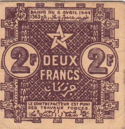 Maroc 2 Francs, Empire Cherifien - 06.04.1944 - TTB - P.43
