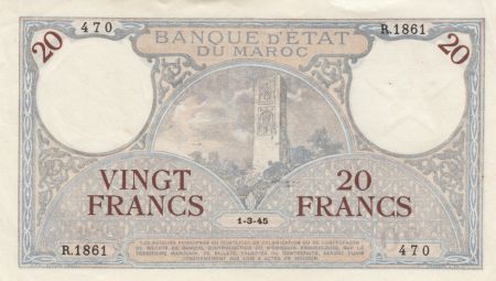 Maroc 20 Francs Minaret - 01-03-1945 - SUP - R.1861-470 - P.18