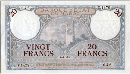 Maroc 20 Francs Minaret - 09-11-1942  - SUP+ - P.1479