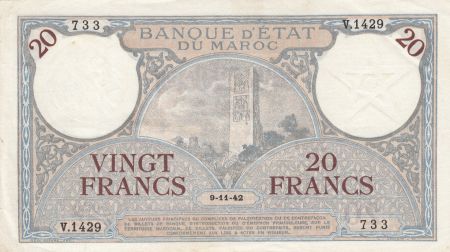 Maroc 20 Francs Minaret - 09-11-1942  - TTB + - Série V.1429-733 - P.18b