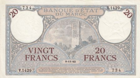Maroc 20 Francs Minaret - 09-11-1942  - TTB + - Série V.1429-734 - P.18b