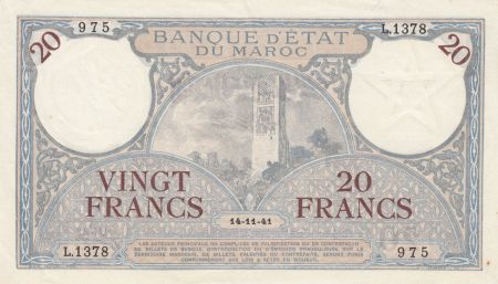 Maroc 20 Francs Minaret - 14-11-1941  -  SUP- Série L.1378 - P.18b