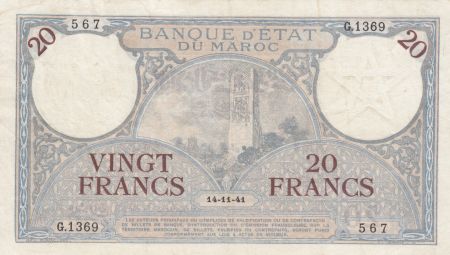Maroc 20 Francs Minaret - 14-11-1941  -  TTB + - Série G.1369 - P.18b