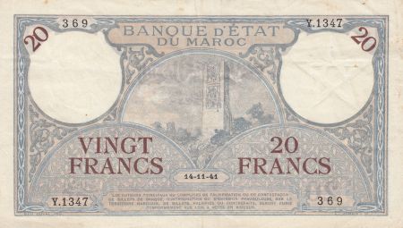 Maroc 20 Francs Minaret - 14-11-1941  -  TTB + - Série Y.1347 - P.18b