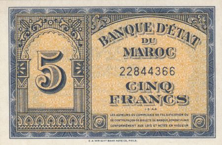 Maroc 5 Francs - 01-03-1944 - P.24 - pNeuf - 22844366