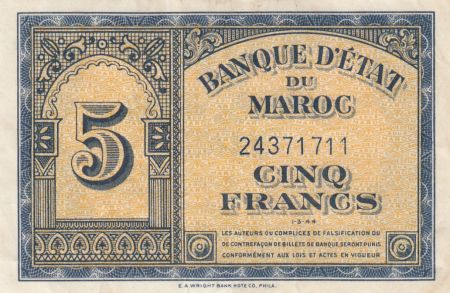 Maroc 5 Francs - 01-03-1944 - P.24 - SUP - 24371711