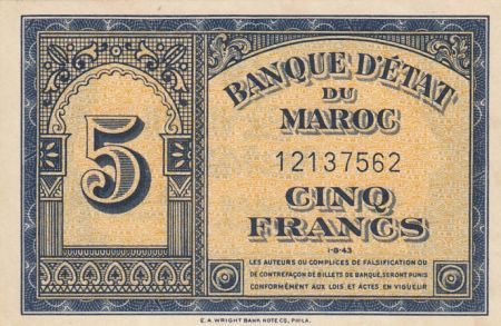 Maroc 5 Francs - 01-08-1943 - SPL - P.24