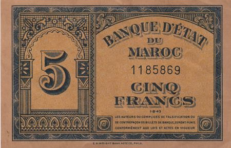 Maroc 5 Francs - 01-08-1943 - TTB - P.24