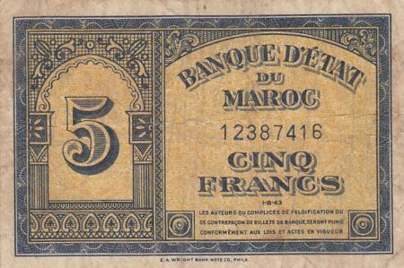 Maroc 5 Francs - 01-08-1943