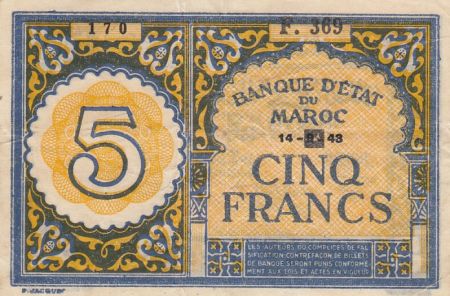 Maroc 5 Francs - 14-09-1943 - SUP - P.33 Série F.369