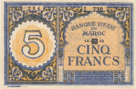 Maroc 5 Francs - 1943 - SUP - P.33 Série L.730