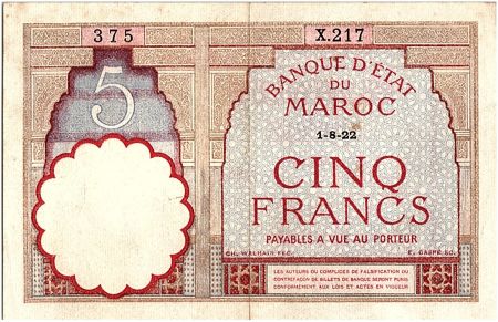 Maroc 5 Francs 01-08-1922 - TTB  - Série X.217 - P.23Aa