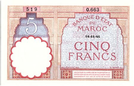 Maroc 5 Francs 14-11-1941 - SUP + - Série O.663 - P.23Ab