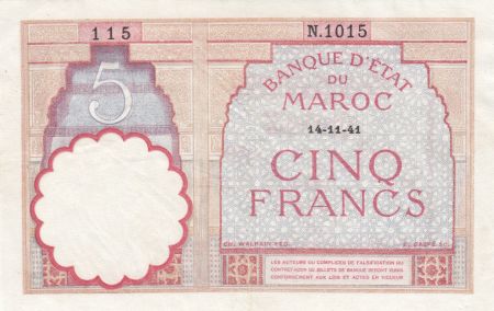 Maroc 5 Francs 14-11-1941 - SUP - Série N.1015 - P.23Ab